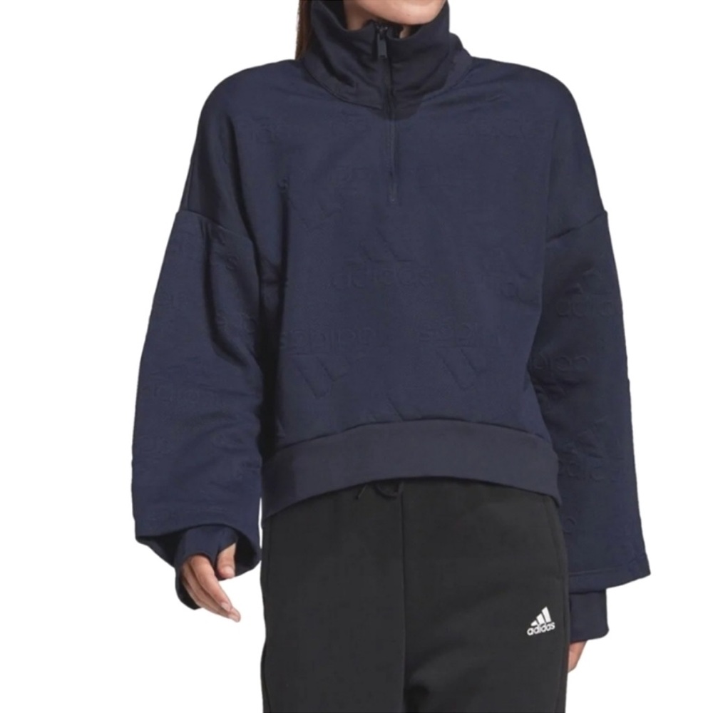 Adidas Aeroready logo jacquard half zip Navy sweatshirt Etched Thumbholes small